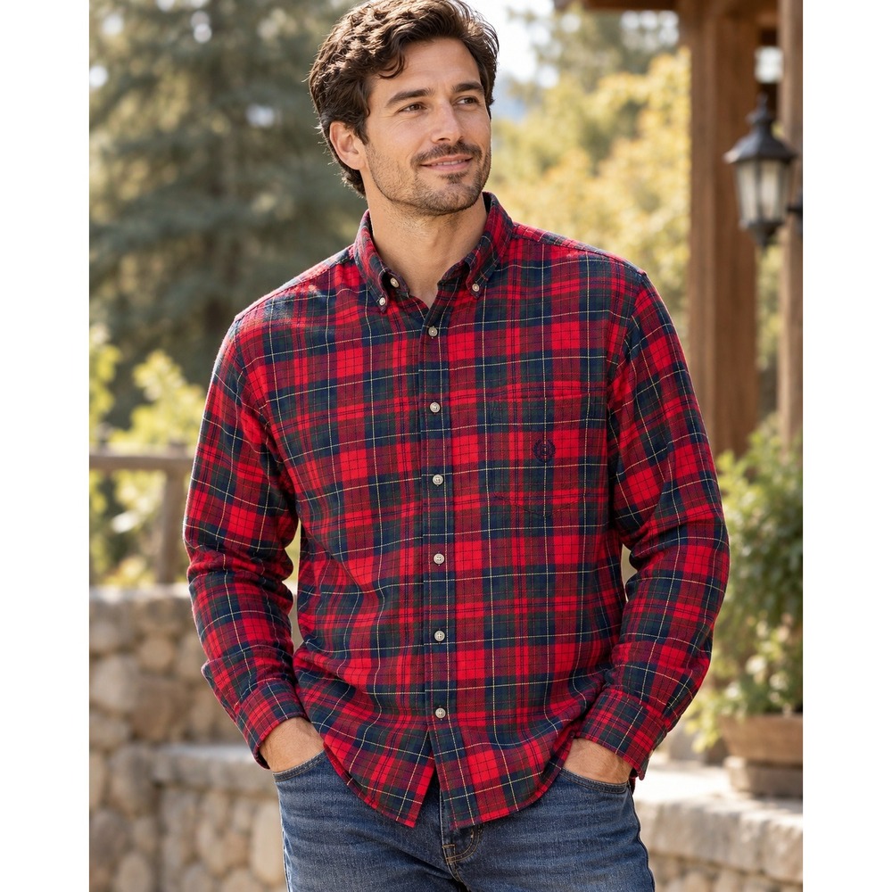 Chaps Flannel Shirt Red Green Plaid Cotton Button Down Long Sleeve Large